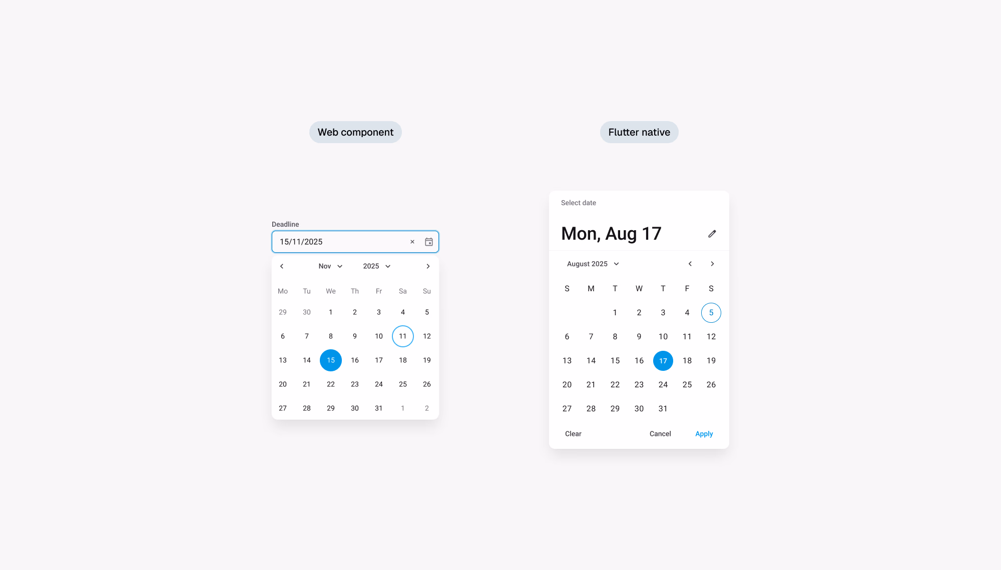 Web component and Flutter native date pickers